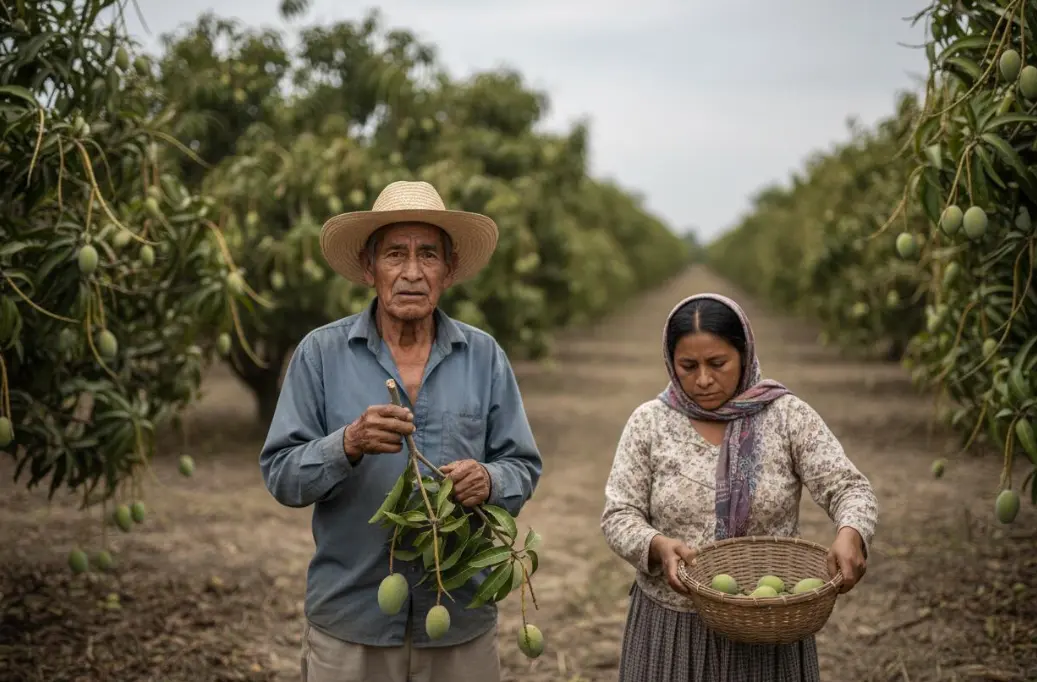 Productores trabajando en un cultivo de mango en Nayarit.